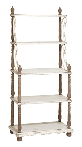 Deco 79 Wood Scroll 5 Shelf Shelving Unit with Brown Spindle Sides and Ball Feet, 32″ x 16″ x 75″, White