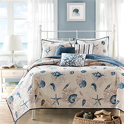 Madison Park Quilt Set Cottage Coastal Design, Starfish Print – All Season, Coverlet Bedspread Lightweight Bedding Layer, Shams, Toss Pillows, Full/Queen(90″x90″), Blue/Ivory 6 Piece
