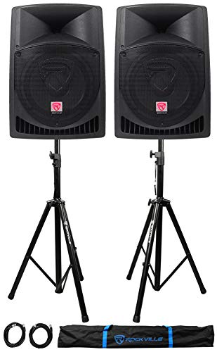 Pair Rockville RPG12 12″ 1600w Powered PA/DJ Speakers + 2 Stands + 2 Cables+Bag