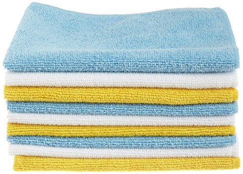 Amazon Basics Microfiber Cleaning Cloths, Non-Abrasive, Reusable and Washable – Pack of 48, 12 x16-Inch, Blue, White and Yellow