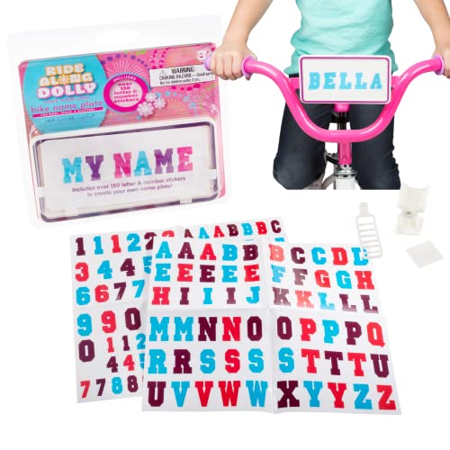 Ride Along Dolly Kid’s Bicycle Customizable License Plate -Make Your Own Bike Name Plate -Includes Over 150 Letter and Cute Number Stickers Decals, Fits Most Bikes -Spring Summer Gift for Girls