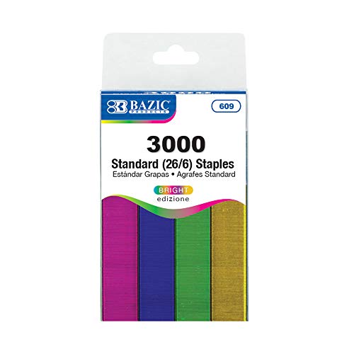 BAZIC Staples Standard (26/6) Metallic Color 3000/Pack, Stapler Refill Standard Size Staple, Assorted Colors, 1-Pack