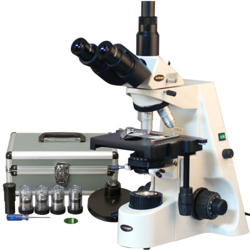 AmScope T690B-PCT200-PL Phase-Contrast Trinocular Compound Microscope, 40X-2000X Magnification, WH10x and WH20x Super-Widefield Eyepieces, Infinity Plan Achromatic Objectives, Brightfield, Kohler Condenser, Double-Layer Mechanical Stage, Includes 4 Phase