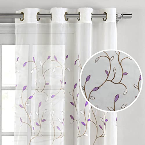 Wavy Leaves Embroidered Sheer Extra Wide 54″ x 84″ Grommet Curtain Panel, Lilac