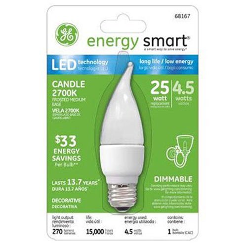 GE 68167 Energy smart LED 4.5-Watt (25-watt replacement) 270-Lumen Bent Tip Light Bulb with Medium Base, 1-Pack