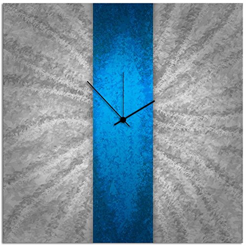 Metal Art Studio ‘Blue Stripe Clock’ Modern Metal Wall Clock, Blue, Silver (L0046)