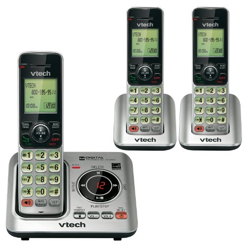 VTech CS6629-3 DECT 6.0 Expandable Cordless Phone with Answering System and Caller ID/Call Waiting, Silver with 3 Handsets, 6.9″ x 6.7″ x 5.2″