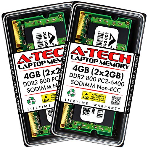 A-Tech 4GB (2x2GB) DDR2 800MHz SODIMM PC2-6400 1.8V CL6 200-Pin Non-ECC Unbuffered Laptop RAM Memory Upgrade Kit