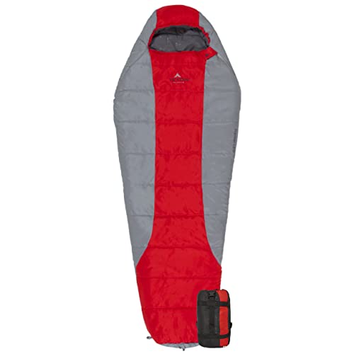 TETON Sports Tracker 5 Lightweight Mummy Sleeping Bag; Great for Hiking, Backpacking and Camping; Free Compression Sack Red/Grey, Adult – 87″ x 34″ x 22″
