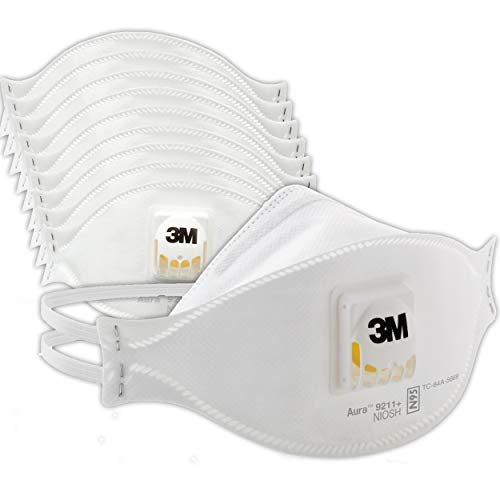 3M Aura Particulate Disposable Respirator 9211+ with Cool Flow Valve, N95, Smoke, Grinding, Sanding, Sawing, Sweeping, Woodworking, Dust, 10/Pack