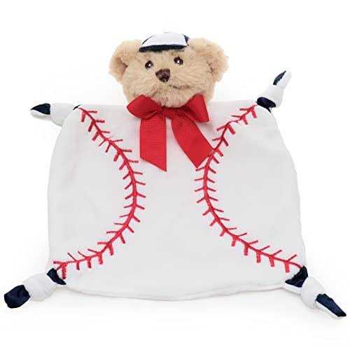 Bearington Lil’ Slugger Baby Blanket: 8” x 7” Plush Teddy Baseball Blanket for Infants, Ultra-Soft with Velour and Cozy Fabric, With Plush Stuffed Teddy Bear, Machine Washable, Great Gift for Holidays