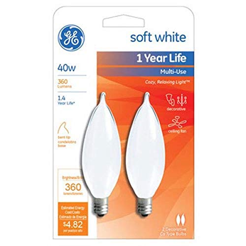 GE Lighting GE G E 66106 Bent Tip Light Bulb, 40W, Frosted, 2-Pack, 2 Count (Pack of 1), White