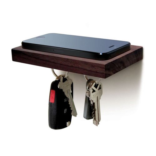 ILoveHandles Plank Wooden Floating Shelf for Mobiles with a Magnetic Underside for Keys – Walnut