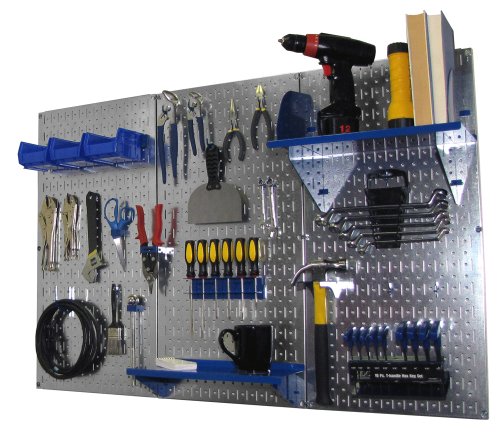 Wall Control Pegboard Organizer 4 ft. Metal Pegboard Standard Tool Storage Kit with Galvanized Toolboard and Blue Accessories