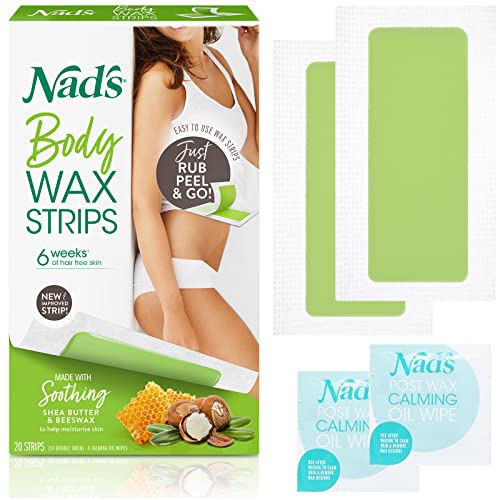 Nad’s Body Wax Strips Hair Removal For Women All Skin Types, 20 Waxing Strips + 4 Calming Oil Wipes