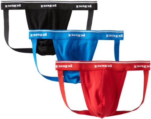 Papi Men’s Premium Performance 3-Pack Jockstrap, Athletic Supporter, Breathable Male Workout Underwear, Red/Black/Blue, Medium
