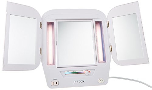 Jerdon Modern Tri-Fold Makeup Mirror with Lights – Vanity Mirror with 5X Magnification & Multiple Light Settings – White Base – Model JGL10W