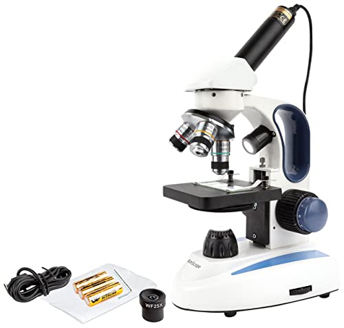 AmScope M158C-2L-E1 Digital Cordless Compound Monocular Microscope, WF10x and WF25x Eyepieces, 40x-1000x Magnification, Upper and Lower LED Illumination with Rheostat, Brightfield, Single-Lens Condenser, Coaxial Coarse and Fine Focus, Plain Stage, 110V or
