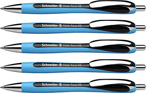 Schneider Slider Rave XB (Extra Broad) Ballpoint Pen, Refillable + Retractable, 1.4 mm, Light Blue Barrel, Black Ink, Box of 5 Pens (132501)