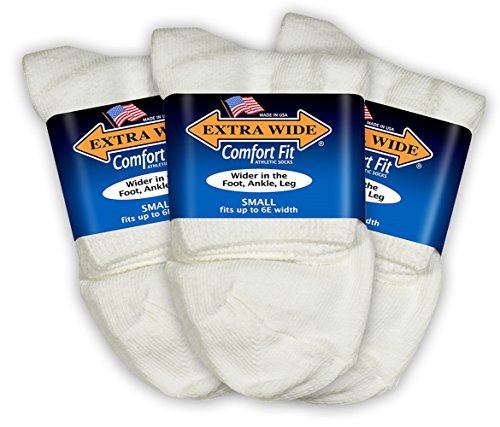 Extra Wide Comfort Fit Athletic Quarter Socks (Pack of 3) Fits Up to a 6E Width, Made in USA (Medium, White)