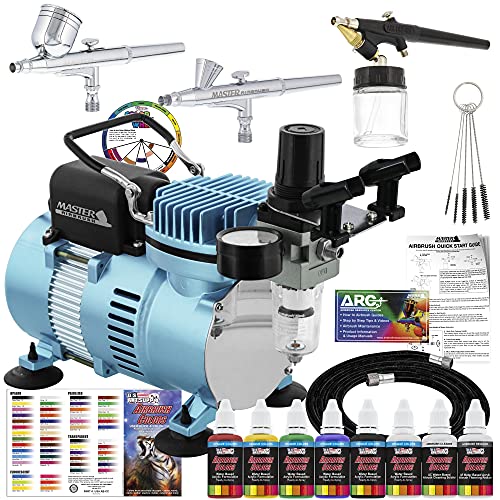 Master Airbrush Cool Runner II Dual Fan Air Compressor Professional Airbrushing System Kit with 3 Airbrushes, Gravity and Siphon Feed – 6 Primary Opaque Colors Acrylic Paint Artist Set – How to Guide