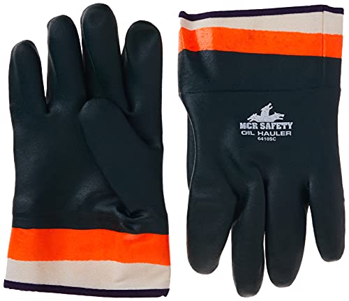MCR Safety 6410SC Double-Dipped PVC Jersey Lined Sandpaper Finish Men’s Gloves with Plasticized Safety Cuff, Green/Orange, Large, 1-Pair