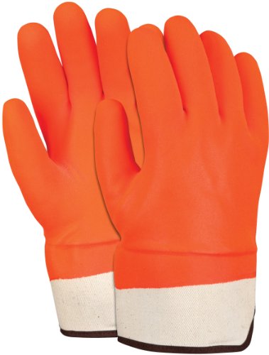 MCR Safety 6521SCO Double Dipped PVC Foam Lined Sandy Finish Men’s Gloves with Rubberized Safety Cuff, Orange, Large, 1-Pair