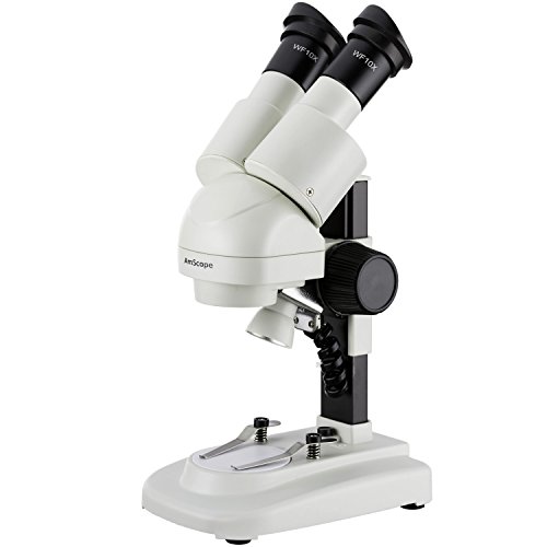 AmScope SE120 Portable Binocular Stereo Microscope, WF10x Eyepieces, 20X Magnification, 2X Objective, LED Lighting, Reversible Black/White Stage Plate, Track-Controlled Table Stand, Battery Powered
