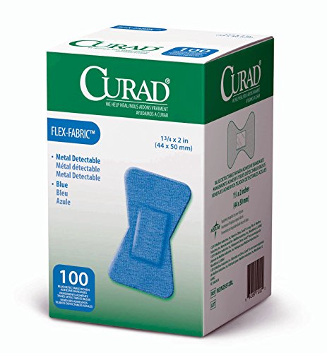 Curad Fingertip Adhesive Bandages, Food Service Blue Detectable Bandage, 100 Count,Fingertip 1.75″ x 2″ (Packaging may vary)