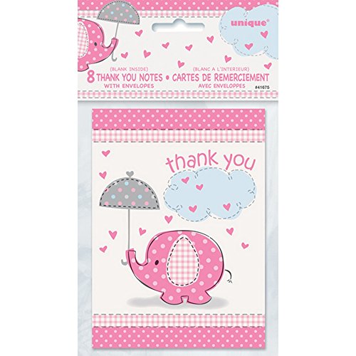 Umbrella Elephant Girl Baby Shower Thank You Notes w/Envelopes (8ct)