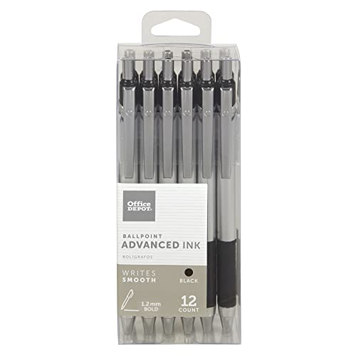 Office Depot Advanced Ink Retractable Ballpoint Pens, Bold Point, 1.2 mm, Silver Barrel, Black Ink, Pack Of 12