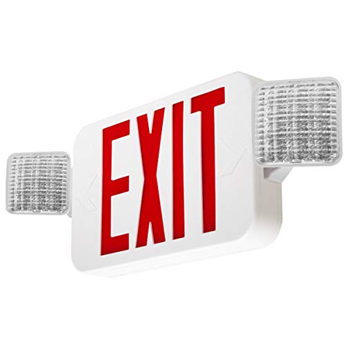 LFI Lights | Combo Red Exit Sign with Emergency Lights | White Housing | All LED | Two Adjustable Square Heads | Hardwired with Battery Backup | UL Listed | (1 Pack) | COMBO2-R