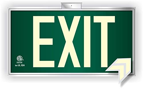 Photoluminescent Exit Sign Green Framed Flag/Ceiling Mount (Removable Arrows) Code Approved UL 924- IBC-NFPA