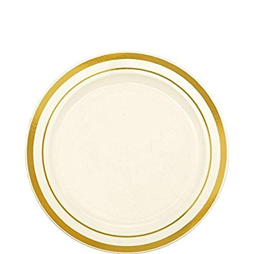 amscan Premium Round Plastic Plates, 6 1/4″, Cream/Gold (438990)