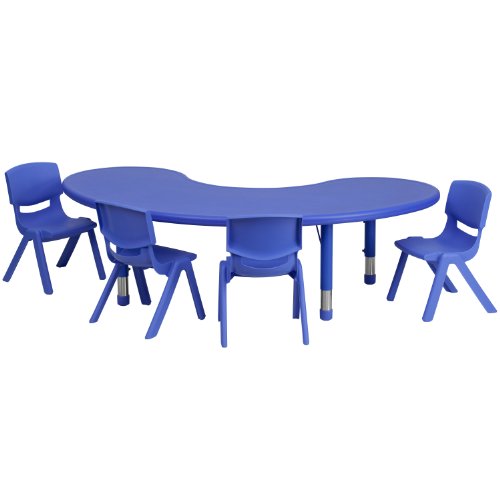 Flash Furniture 35”W x 65”L Half-Moon Blue Plastic Height Adjustable Activity Table Set with 4 Chairs