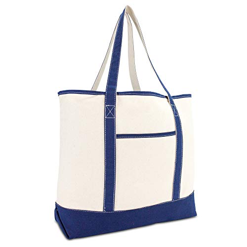 DALIX 22″ Extra Large Shopping Tote Bag w Outer Pocket in Navy Blue and Natural