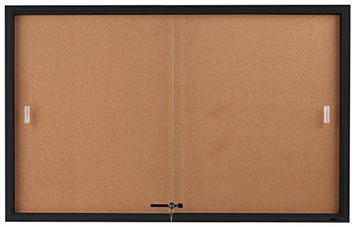 Enclosed Sliding Door Cork Bulletin Board, 5 x 3 Feet, Self-Healing Corkboard Display Surface, 60″ x 36″ Notice Board for Wall Mount with Included Mounting Hardware, Black, Aluminum Frame