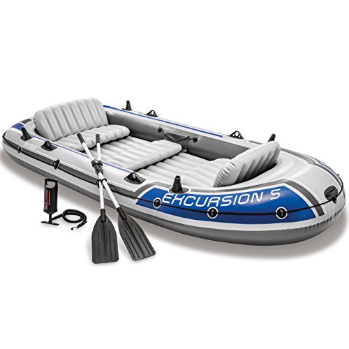 Intex 68325EP Excursion Inflatable 5 Person Heavy Duty Fishing Boat Raft Set with 2 Aluminum Oars & High Output Air-Pump for Lakes & Mild Rivers, Gray