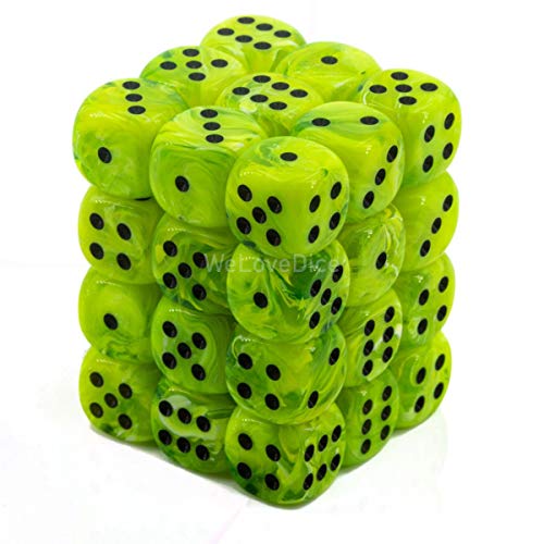 Chessex Dice d6 Sets: Vortex Bright Green with Black – 12mm Six Sided Die (36) Block of Dice (1-Pack)