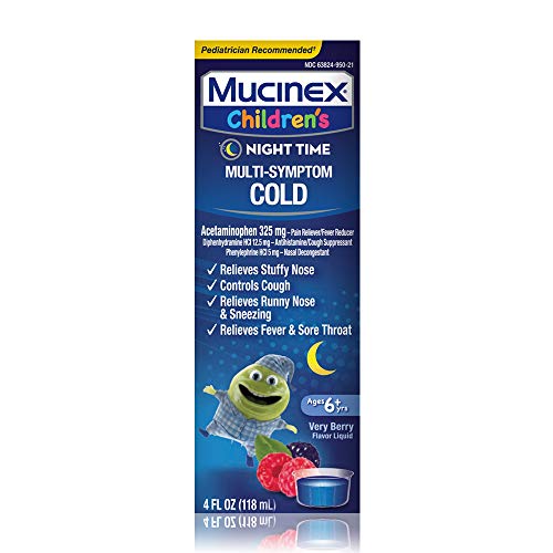 Cold and Fever, Mucinex Children’s Multi-Symptom, Night Time Cold Liquid, Mixed Berry, 4oz, Reduces Fever, Controls Cough, Relieves Stuffy Nose, “Packaging May Vary”