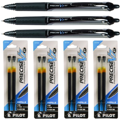 Pilot Precise V7 Rt Retractable, Black Ink, 0.7mm Fine Point, 3 Pens with 4 Packs of Refills
