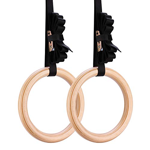 Yimidear Wood Olympic Rings, Gymnastic Rings with Buckle Straps, Wooden Fitness Gym Rings for Strength Training, Crossfit, Pull Ups and Dips (2.8CM)