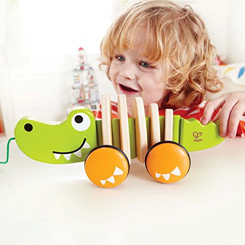 Hape Walk-A-Long Croc Toddler Wooden Pull Along Toy, L: 11.6, W: 4.3, H: 4.3 inch