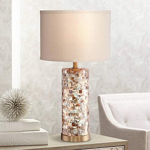 360 Lighting Margaret Coastal Accent Table Lamp 23″ High Mother of Pearl Tile Cylinder Glass Cream Linen Fabric Drum Shade for Living Room Bedroom Beach House Bedside Nightstand Home Office