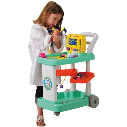 Constructive Playthings Children’s Toy Emergency Medical Cart with 11 pc. Accessory Set and Lab Coat for Ages 3-6 Years