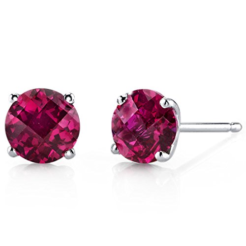 Peora Solid 14K White Gold Created Ruby Solitaire Stud Earrings for Women, Hypoallergenic 2.25 Carats total Round Shape AAA Grade, July Birthstone, Friction Backs