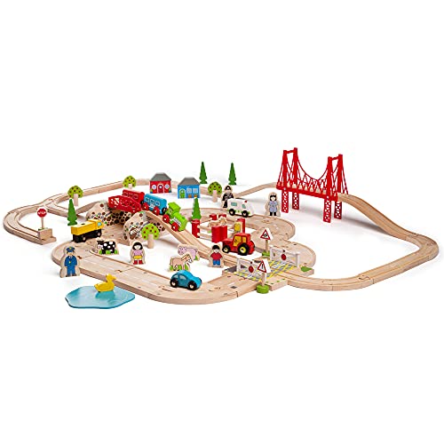Bigjigs Rail 80pc Rural Road and Rail Wooden Train Set – Kids Train Set with 80 Bigjigs Train Accessories incl. Bridges & a Level Crossing for Pretend Play