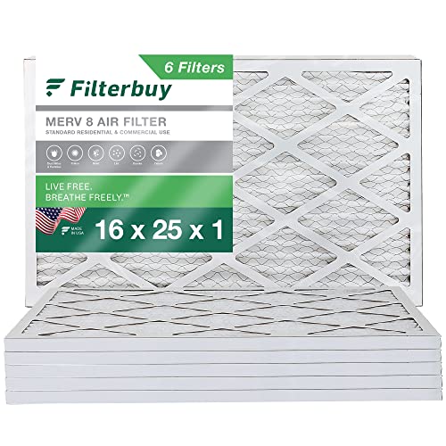 Filterbuy 16x25x1 Air Filter MERV 8 Dust Defense (6-Pack), Pleated HVAC AC Furnace Air Filters Replacement (Actual Size: 15.50 x 24.50 x 0.75 Inches)