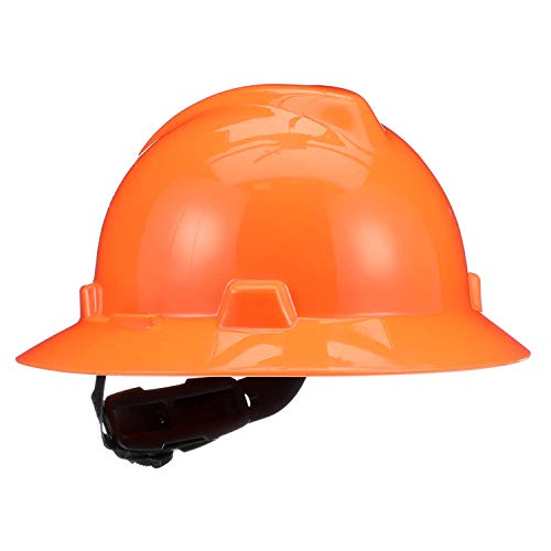 MSA 10021292 V-Gard Full-Brim Hard Hat With Fas-Trac III Ratchet Suspension | Polyethylene Shell, Superior Impact Protection, Self Adjusting Crown Straps – Standard Size in Hi-Viz Orange