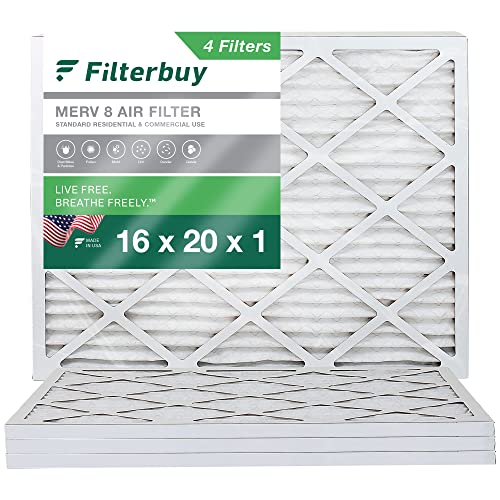 Filterbuy 16x20x1 Air Filter MERV 8 Dust Defense (4-Pack), Pleated HVAC AC Furnace Air Filters Replacement (Actual Size: 15.50 x 19.50 x 0.75 Inches)